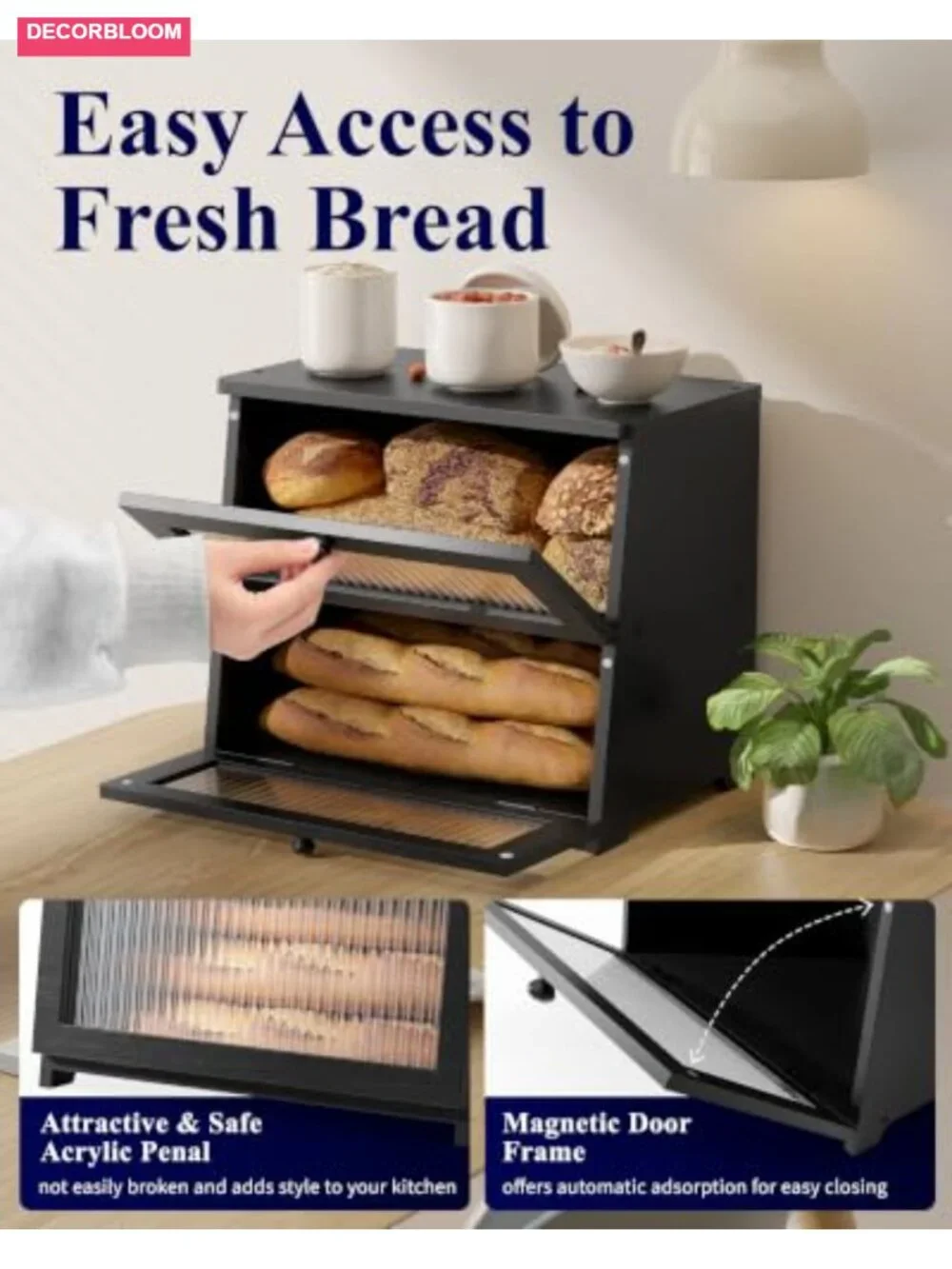 2-Tier Wooden Bread Box for Kitchen Countertop with Magnetic Door